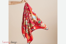 Red silk scarf printed with  Phoenix